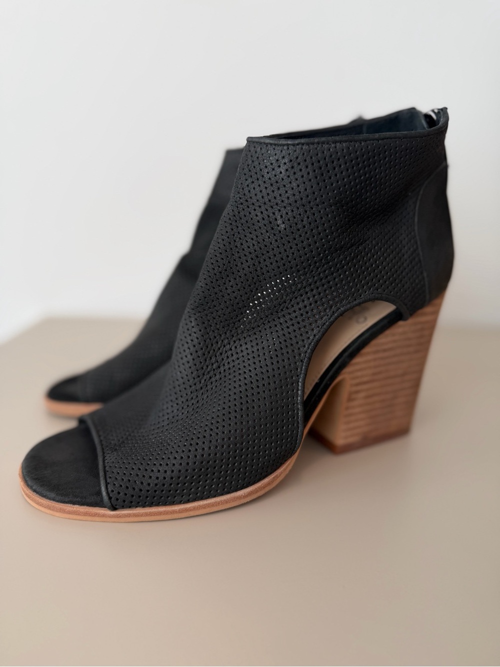 Vince Camuto Black Perforated Open-Toe Stacked Heel Booties